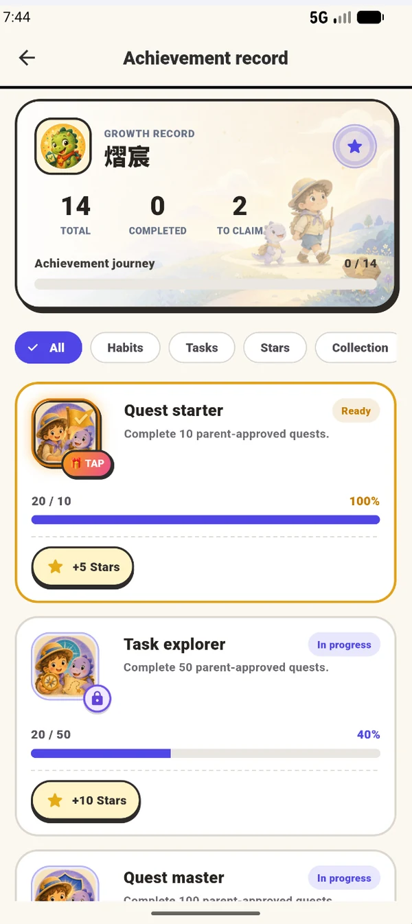 Child achievement collection in Routaroo