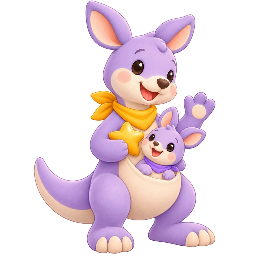 Routaroo kangaroo parent and joey holding a golden star