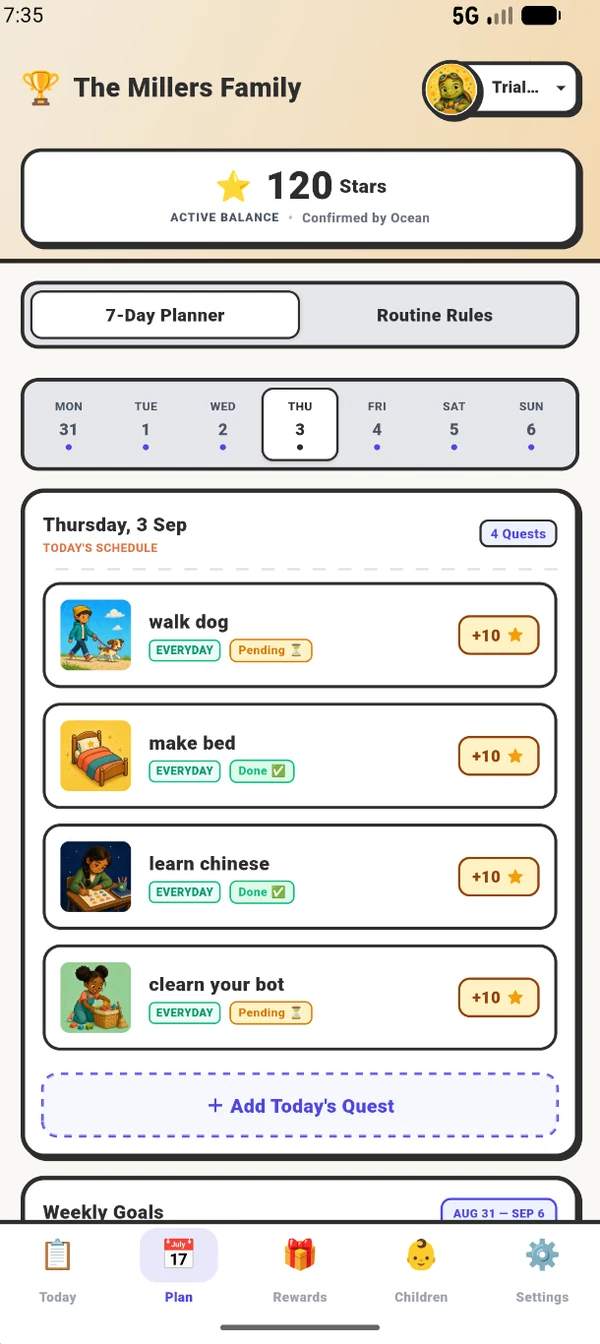 Parent weekly plan with scheduled family quests