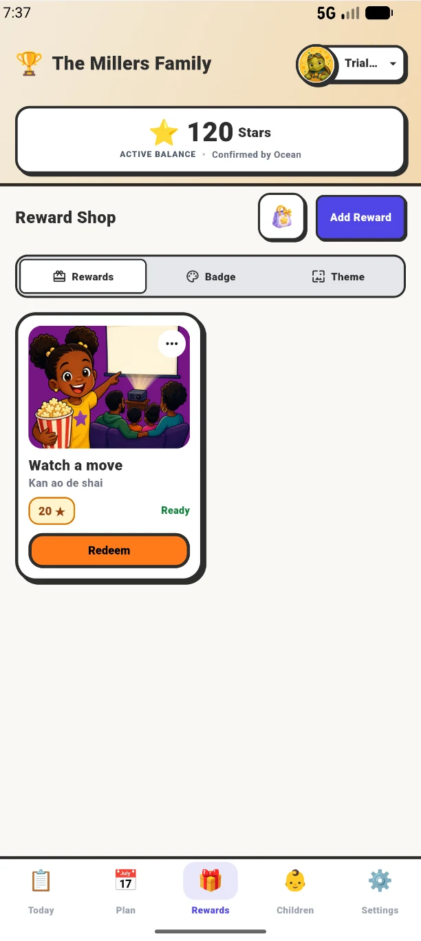 Family reward shop showing a movie night reward