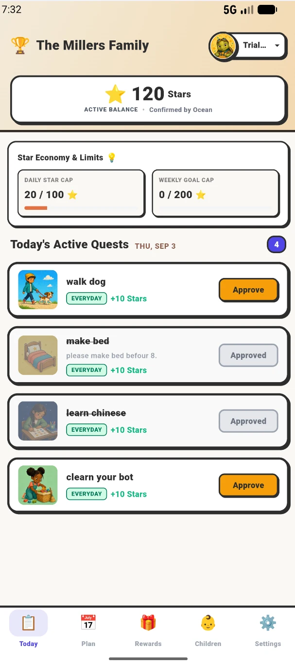 Routaroo daily quests with earned stars and tasks to complete